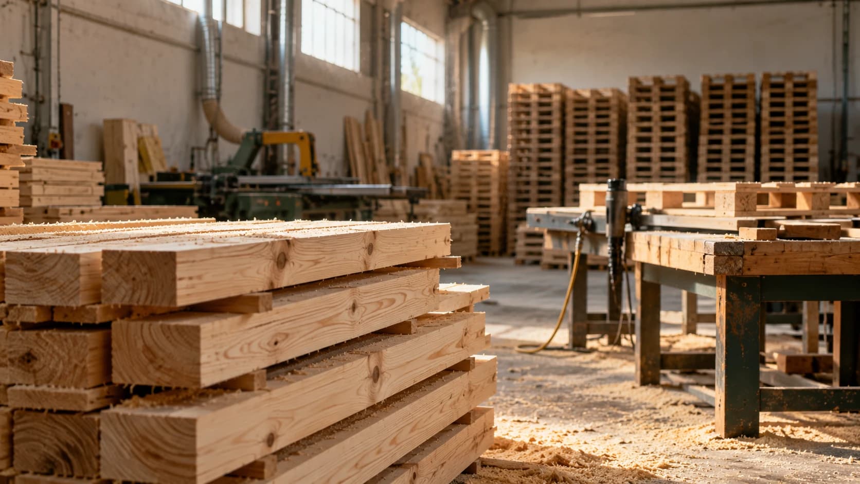 Interior de una fábrica de palets: tablas recién aserradas en primer término y palets terminados apilados al fondo.